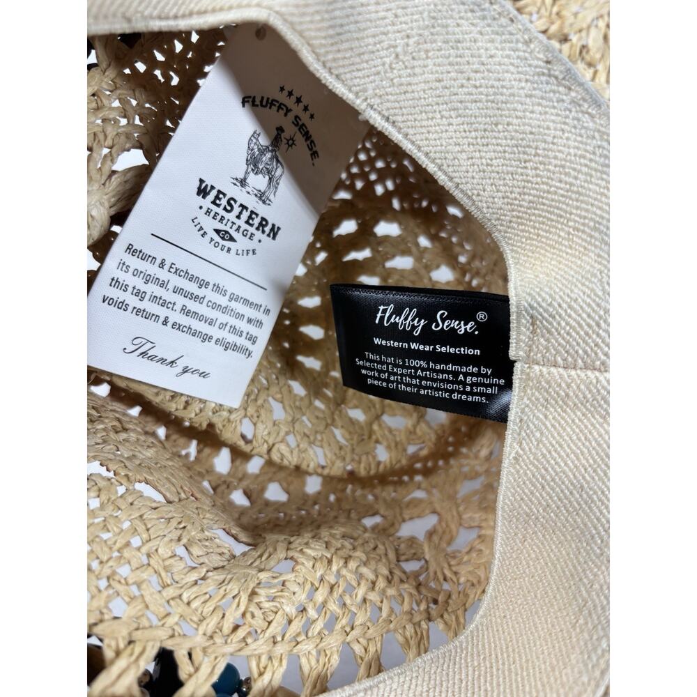 Fluffy Sense Straw Cowboy Hat Women Western Boho Turquoise Beaded Festival NWT - Picture 9 of 10